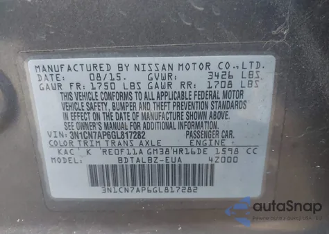 2016 Nissan Versa 1.6 S/1.6 S+/1.6 Sl/1.6 Sv from USA, damaged, VIN 3N1CN7AP6GL817282